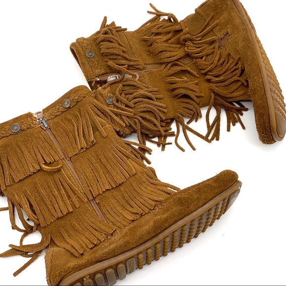 Minnetonka Other - Minnetonka Triple Fringe Suede Boots Moccasins